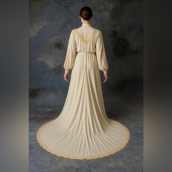 Vintage 1970s Union-Made Wedding Gown – Ivory Lace Boho Maxi with Train - Picture 2 of 13